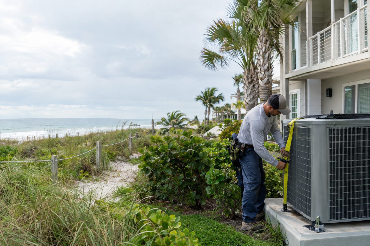 A technician installing hurricane tie-down straps on an AC unit at a beachside two-story home with dune grass in Ocean Ridge, FL
